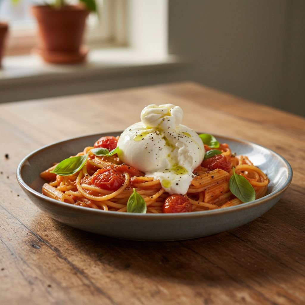 Cremige-Tomatenpasta-mit-Burrata-und-Basilikum