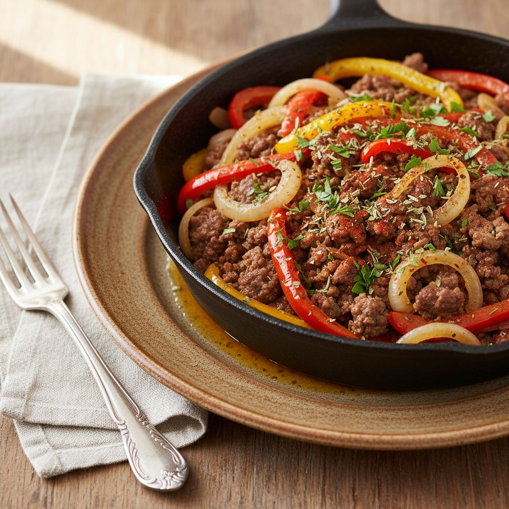Rinderhack-Pfanne-mit-Paprika-und-Zwiebeln