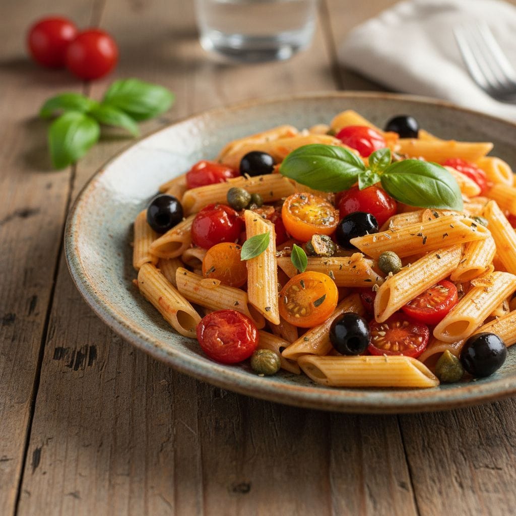 Pasta-mit-Tomaten-Oliven-und-Kapern